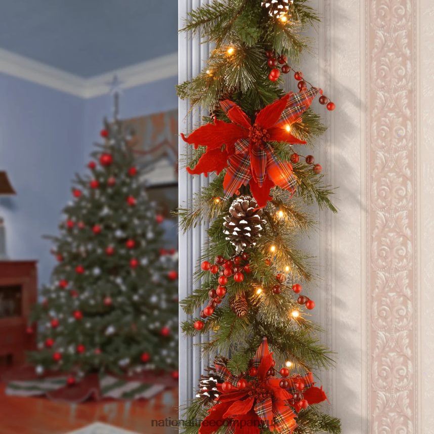 Greenery | National Tree Company Pre-Lit Artificial Christmas Garland Green Evergreen White Lights Decorated With Plaid Bows Berry Clusters Pine Cones Plug In Christmas Collection 9 Feet F2L4